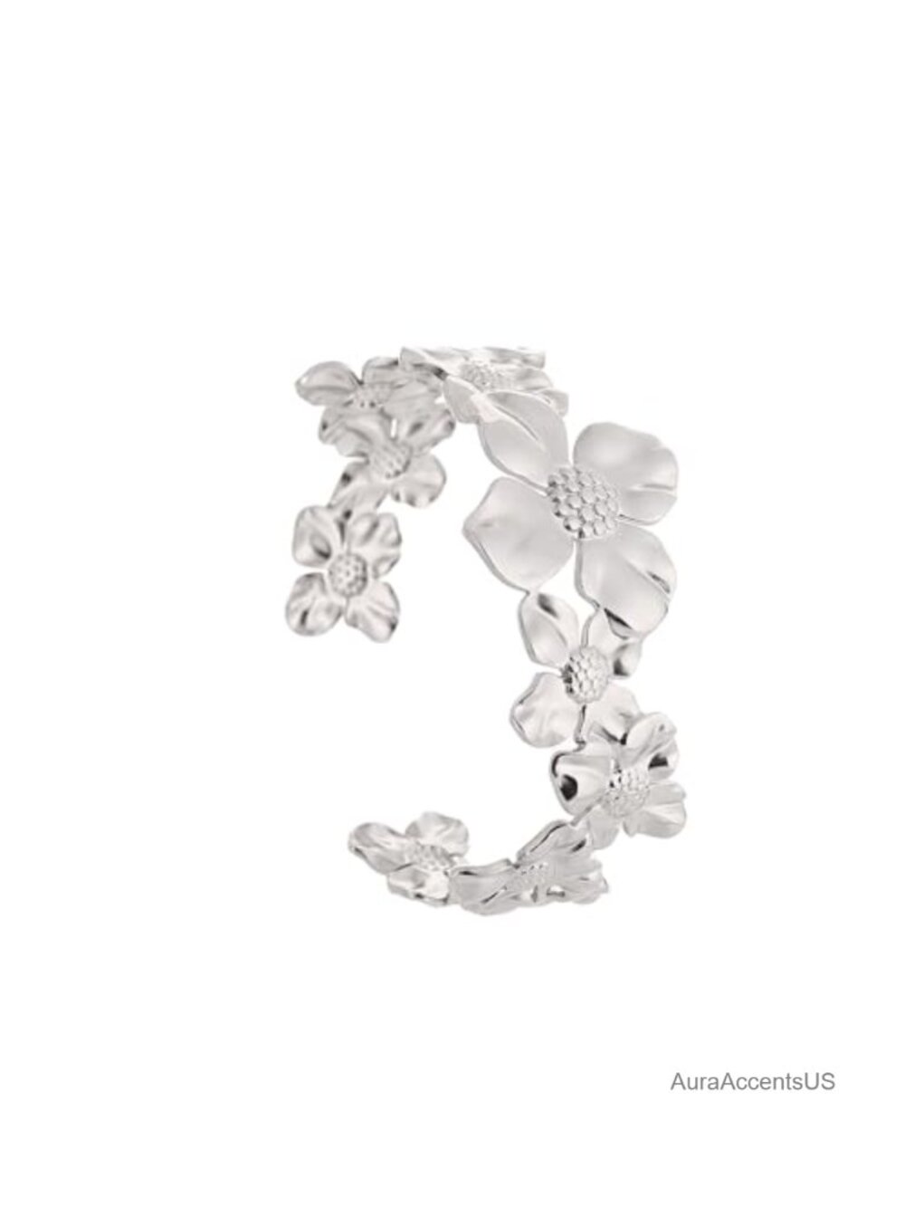 Silver Flower Cuff Bracelet Metallic Floral Chunky Open Band Adjustable Women's
